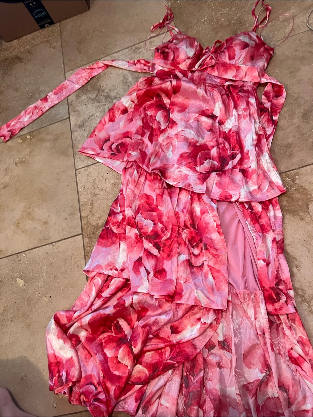 Francesca's Collections Pink and Red Floral Prom Dress